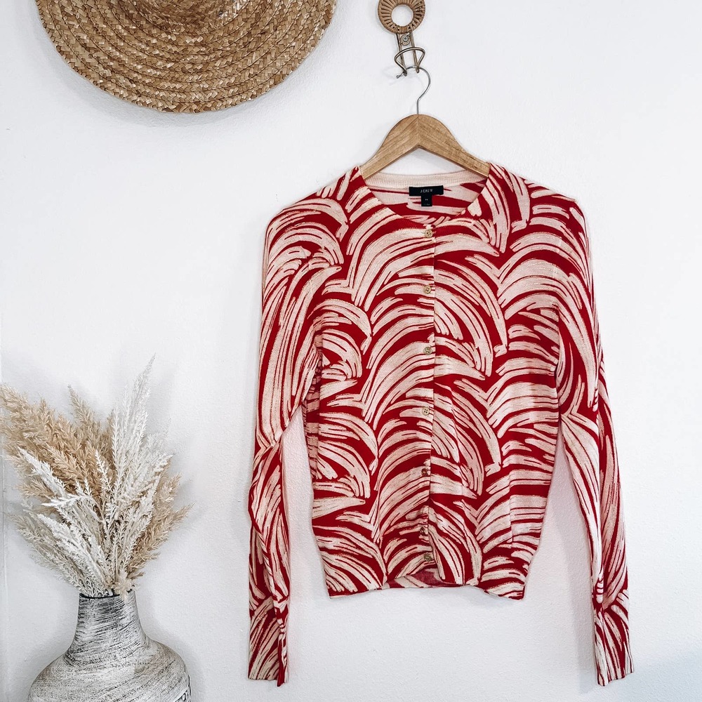 J. Crew Jackie Cardigan Wool Palm Leaf Orange White Gold Print Size Medium